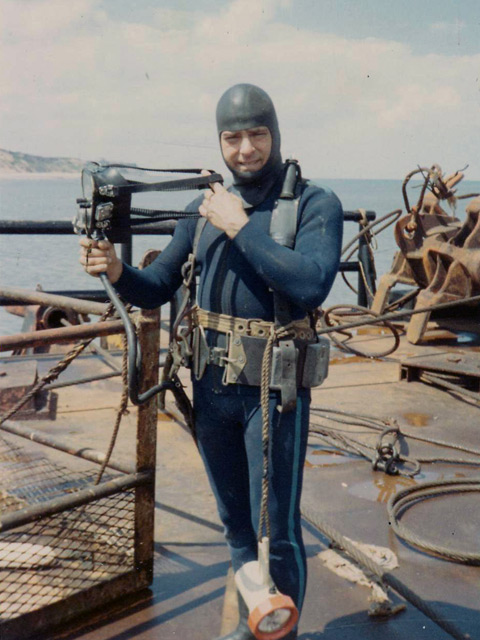 Joe Schouest with hood, used to wear wool watch cap; French wetsuit they sent to the divers in the North Sea.